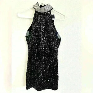 Forever 21 Black Sequin Mini Dress Rhinestone Necklace Style Collar Size Small